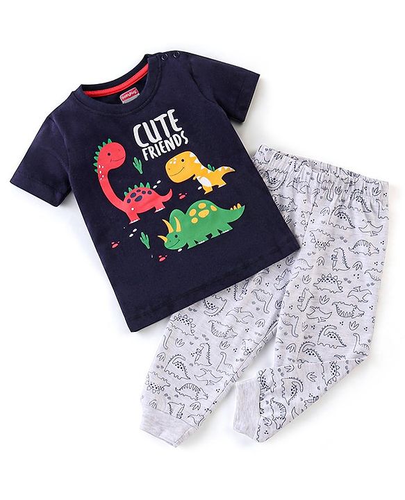 Babyhug Single Jersey Cotton Knit Half Sleeves Night Suit Dino Print - Navy Blue & White