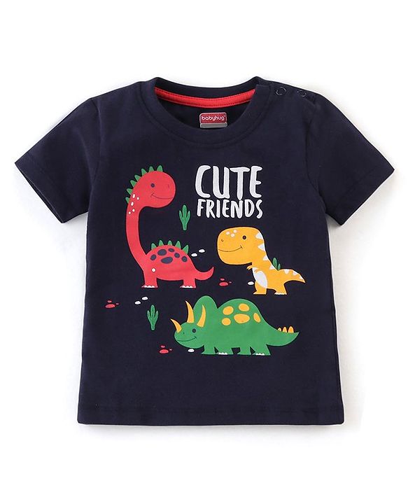 Babyhug Single Jersey Cotton Knit Half Sleeves Night Suit Dino Print - Navy Blue & White