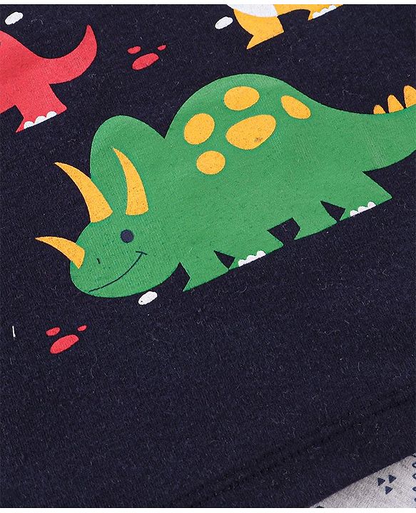 Babyhug Single Jersey Cotton Knit Half Sleeves Night Suit Dino Print - Navy Blue & White
