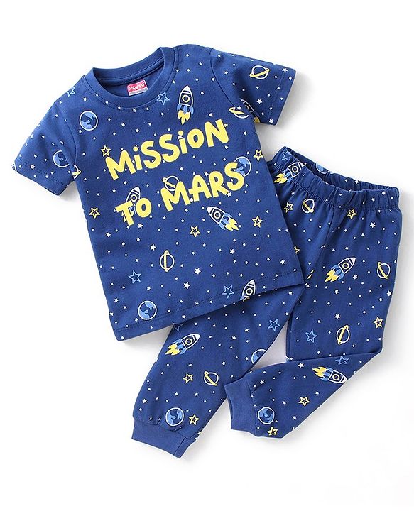 Babyhug Cotton Half Sleeves Night Suit Mission to Mars Print - Blue