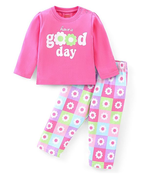 Babyhug Single Jersey Full Sleeves Night Suit Text & Floral Print - Pink & White