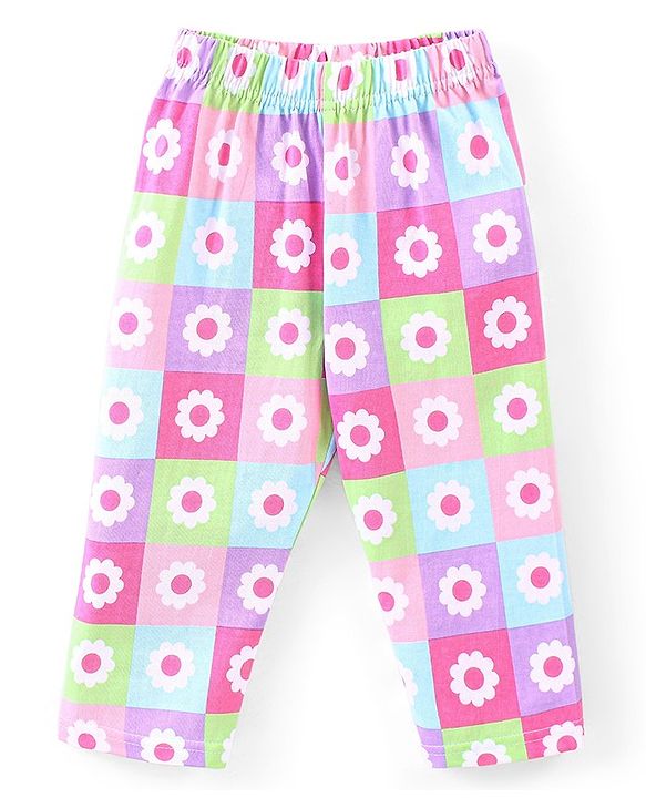 Babyhug Single Jersey Full Sleeves Night Suit Text & Floral Print - Pink & White