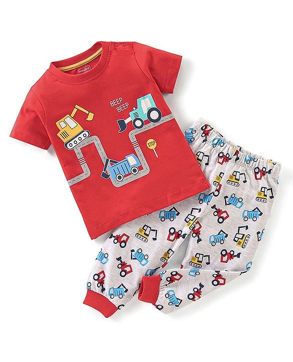 Babyhug Cotton Half Sleeves Night Suit Truck Print- Red & White