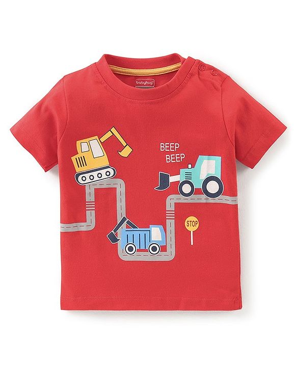 Babyhug Cotton Half Sleeves Night Suit Truck Print- Red & White
