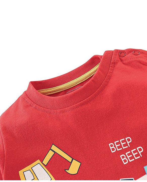 Babyhug Cotton Half Sleeves Night Suit Truck Print- Red & White