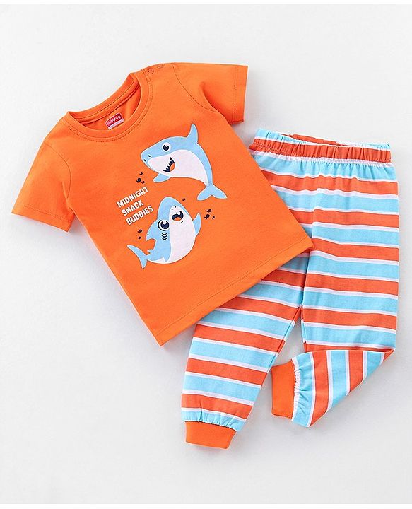 Babyhug Cotton Knit Half Sleeves Night Suit with Shark Print - Orange