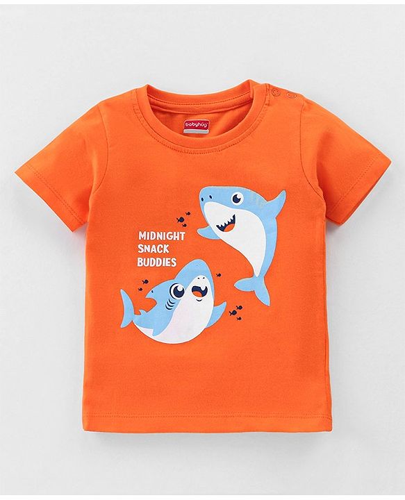 Babyhug Cotton Knit Half Sleeves Night Suit with Shark Print - Orange