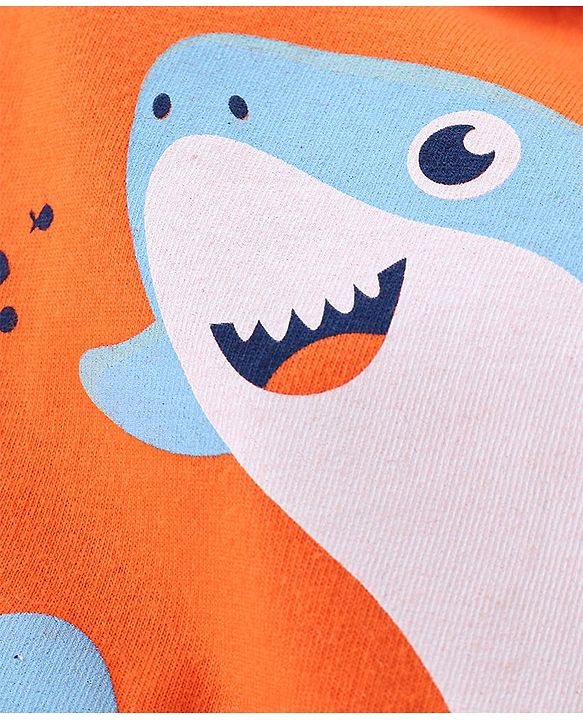 Babyhug Cotton Knit Half Sleeves Night Suit with Shark Print - Orange