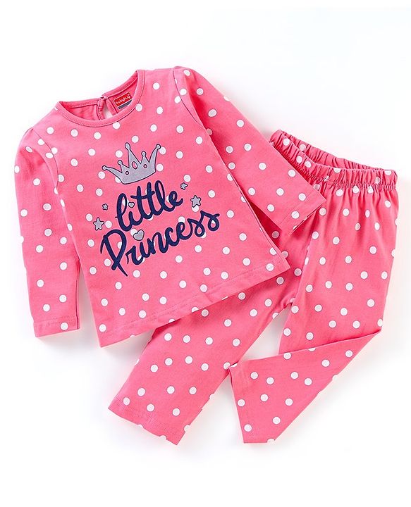 Babyhug Single Jersey Full Sleeves Night Suit Text Print - Pink