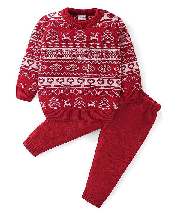 Babyhug Full Sleeves Christmas Theme Design Sweater Set - Red