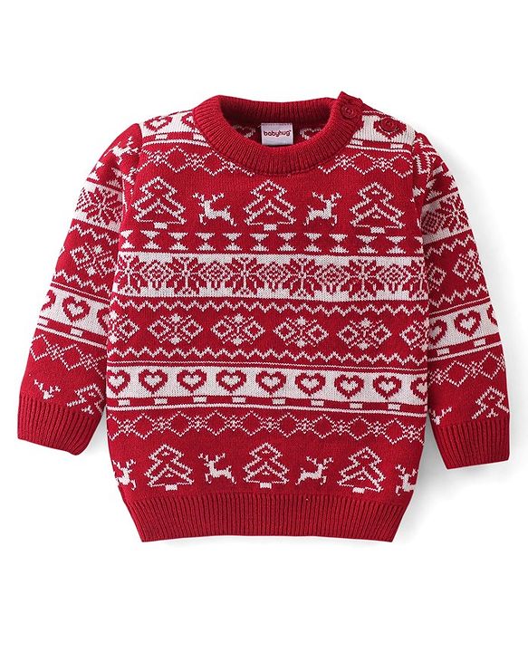 Babyhug Full Sleeves Christmas Theme Design Sweater Set - Red