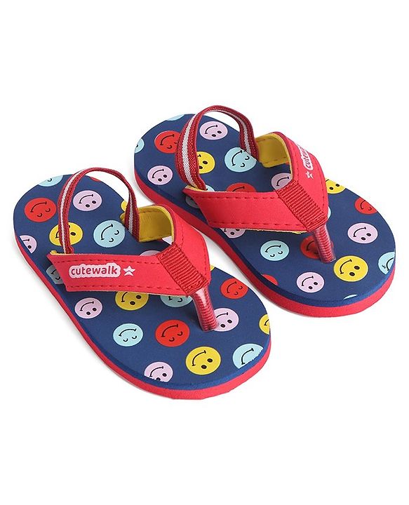 Cute Walk by Babyhug Flip Flops with Back Strap Smiley Print - Red