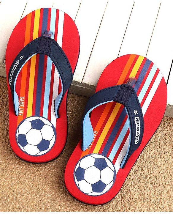 Cute Walk by Babyhug Slip On Style Flip Flops Football Print - Blue & Red