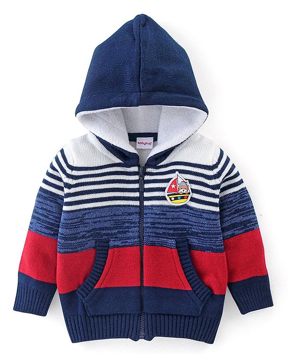 Babyhug Full Sleeves Striped Hooded Sweater - Blue & Red