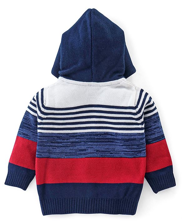 Babyhug Full Sleeves Striped Hooded Sweater - Blue & Red