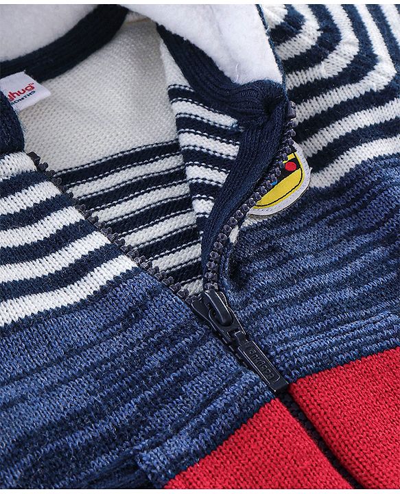 Babyhug Full Sleeves Striped Hooded Sweater - Blue & Red