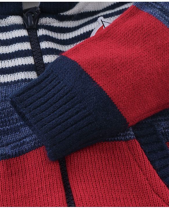 Babyhug Full Sleeves Striped Hooded Sweater - Blue & Red