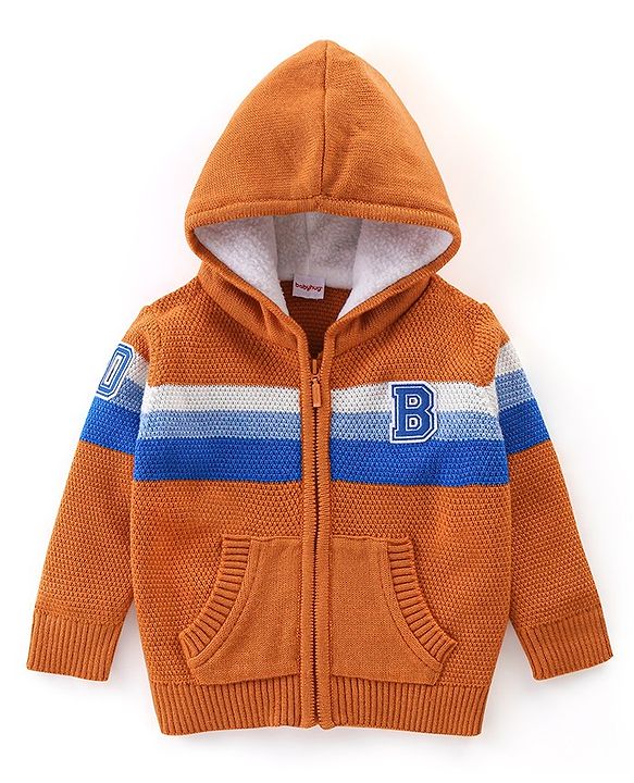 Babyhug Full Sleeves Striped Hooded Sweater - Orange