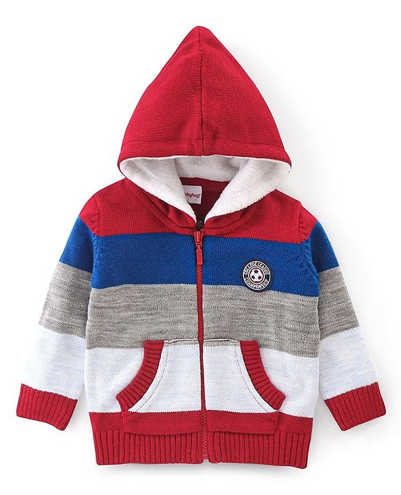 Babyhug Full Sleeves Striped Hooded Sweater- Blue & Red
