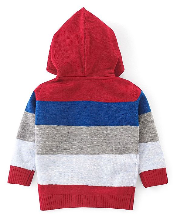 Babyhug Full Sleeves Striped Hooded Sweater- Blue & Red