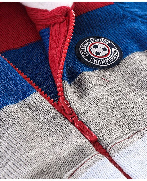 Babyhug Full Sleeves Striped Hooded Sweater- Blue & Red