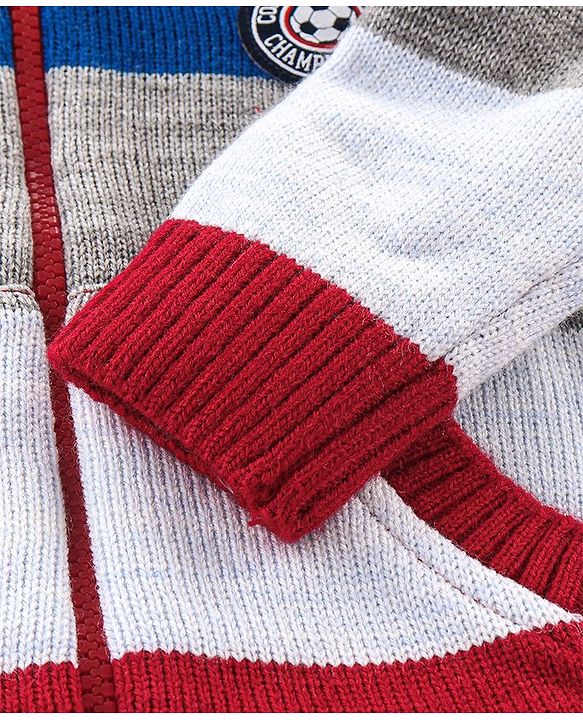 Babyhug Full Sleeves Striped Hooded Sweater- Blue & Red
