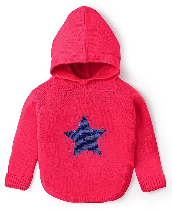 Babyhug Knit Full Sleeves Hooded Sweater with Sequin Star Design - Coral Red