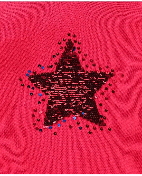 Babyhug Knit Full Sleeves Hooded Sweater with Sequin Star Design - Coral Red