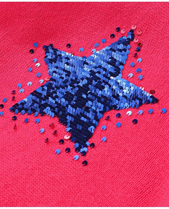 Babyhug Knit Full Sleeves Hooded Sweater with Sequin Star Design - Coral Red
