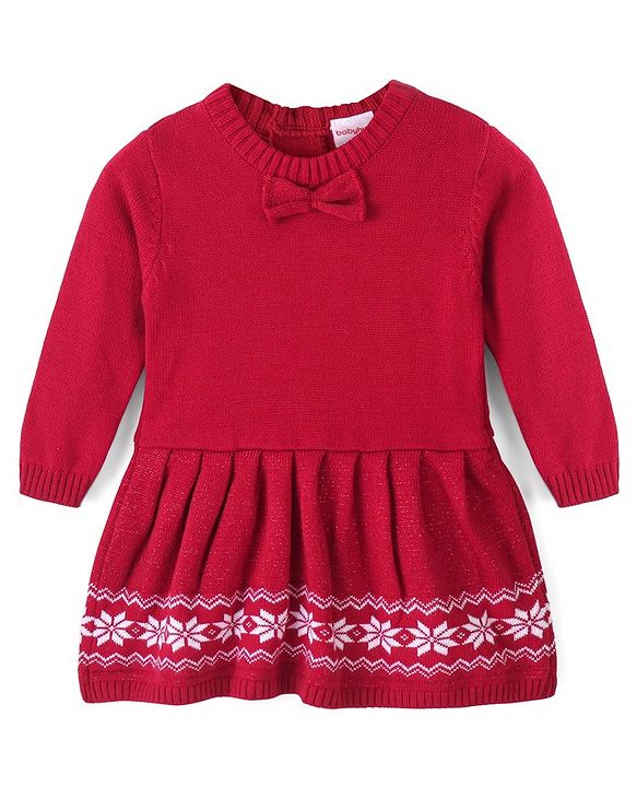 Babyhug Knit Full Sleeves Woolen Dress With Floral Design & Bow- Red