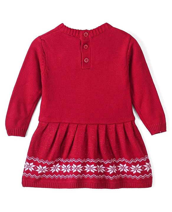 Babyhug Knit Full Sleeves Woolen Dress With Floral Design & Bow- Red