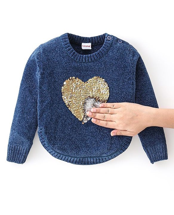 Babyhug Knit Full Sleeves Reversible Sequined Sweater - Blue
