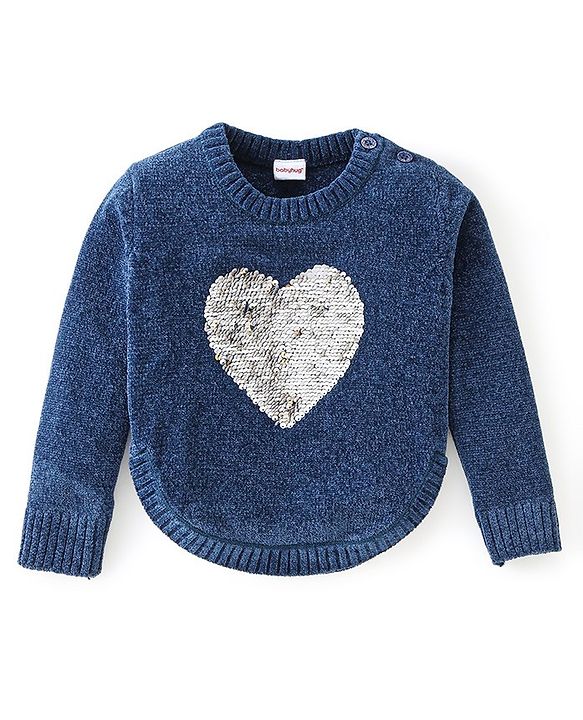 Babyhug Knit Full Sleeves Reversible Sequined Sweater - Blue