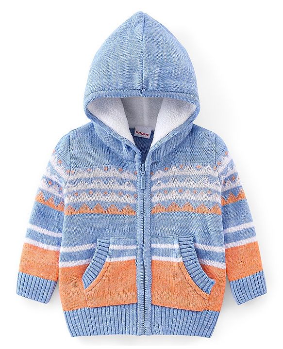 Babyhug Knitted Full Sleeves Front Open Sweater with Hood & Stripes Design - Blue & Orange