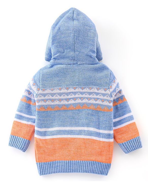Babyhug Knitted Full Sleeves Front Open Sweater with Hood & Stripes Design - Blue & Orange