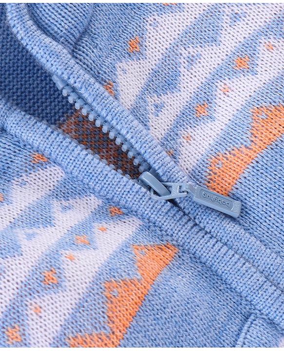 Babyhug Knitted Full Sleeves Front Open Sweater with Hood & Stripes Design - Blue & Orange