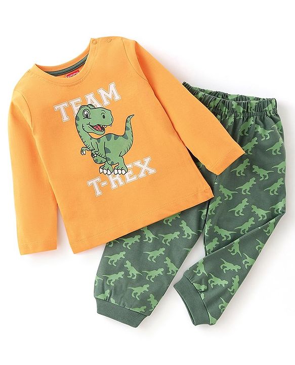Babyhug Cotton Knit Full Sleeves Night Suit With Dino Print - Orange & Green