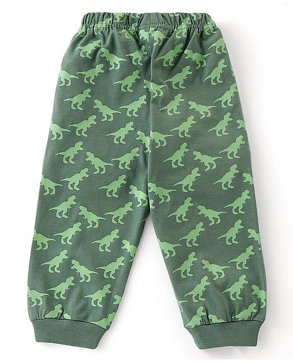 Babyhug Cotton Knit Full Sleeves Night Suit With Dino Print - Orange & Green