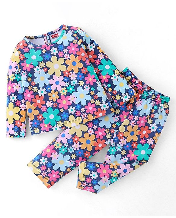 Babyhug Single Jersey Cotton Knit Full Sleeves Night Suit Floral Print - Navy