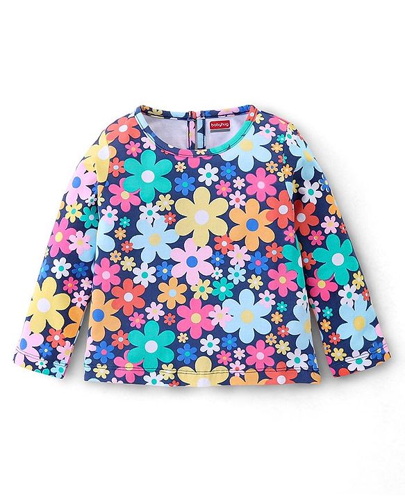 Babyhug Single Jersey Cotton Knit Full Sleeves Night Suit Floral Print - Navy