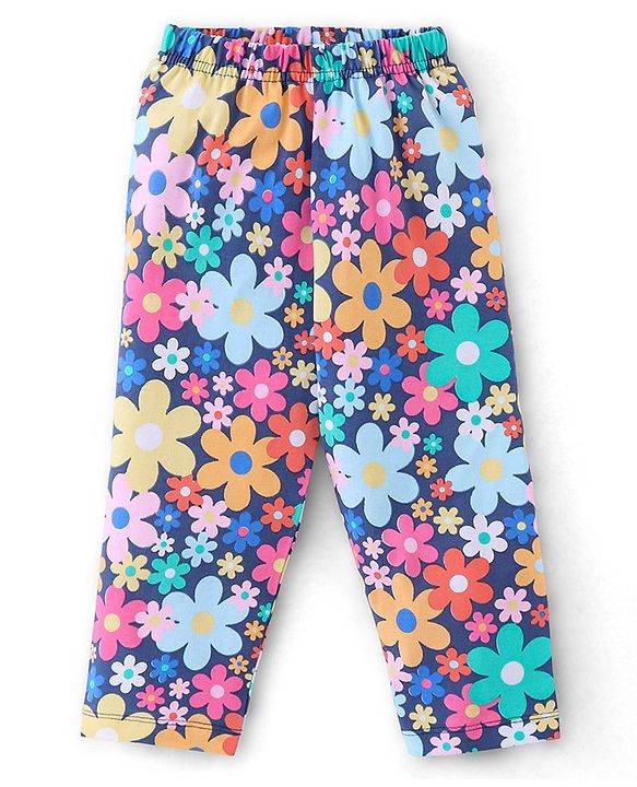 Babyhug Single Jersey Cotton Knit Full Sleeves Night Suit Floral Print - Navy