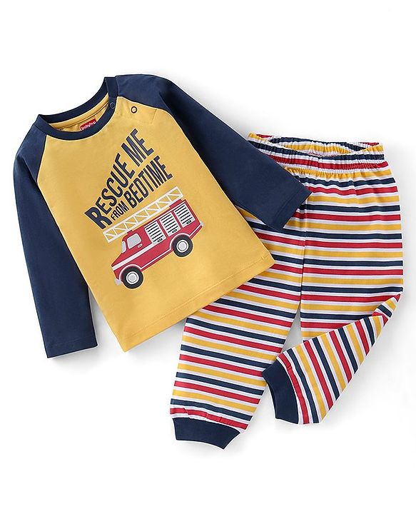 Babyhug Cotton Full Sleeves Night Suit Bus & Stripes Print- Yellow & Blue