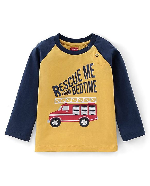 Babyhug Cotton Full Sleeves Night Suit Bus & Stripes Print- Yellow & Blue