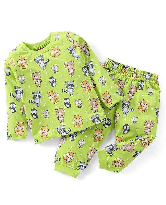 Babyhug Cotton Full Sleeves Night Suit Bear & Koala Print - Green
