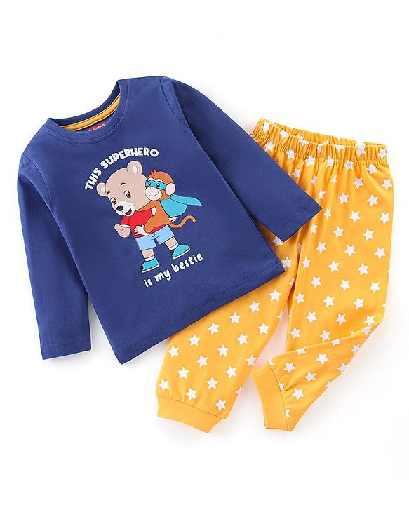 Babyhug Cotton Knit Full Sleeves Night Suit Teddy Print - Navy Blue & Yellow