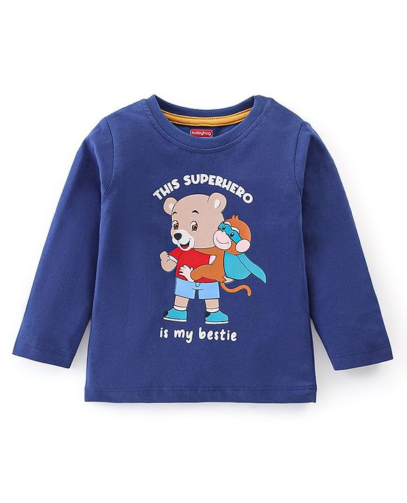 Babyhug Cotton Knit Full Sleeves Night Suit Teddy Print - Navy Blue & Yellow