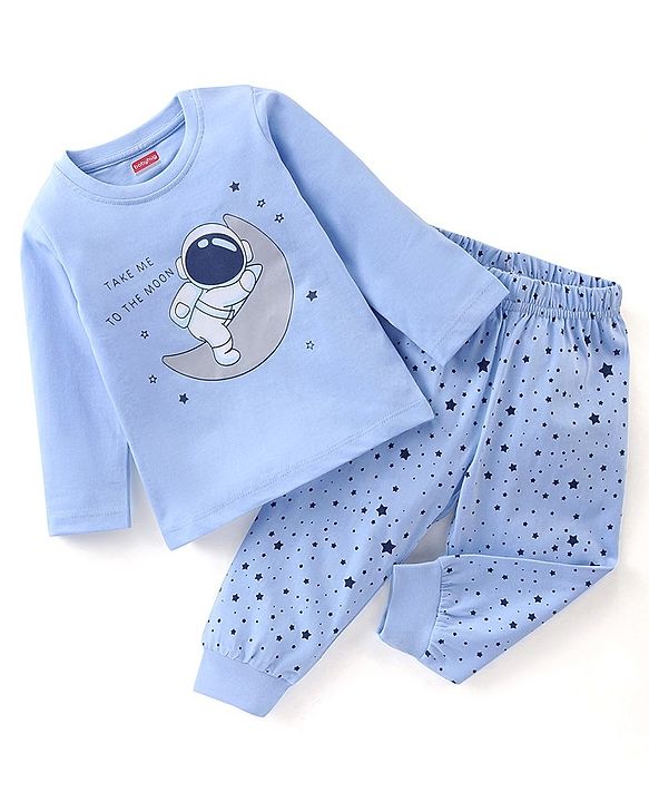 Babyhug Single Jersey Cotton Knit Full Sleeves Night Suit with Astronaut & Stars Print - Blue