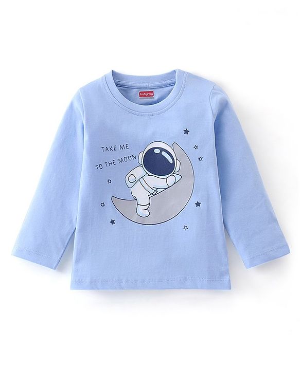 Babyhug Single Jersey Cotton Knit Full Sleeves Night Suit with Astronaut & Stars Print - Blue