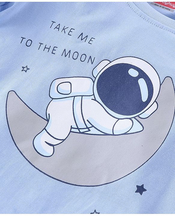 Babyhug Single Jersey Cotton Knit Full Sleeves Night Suit with Astronaut & Stars Print - Blue