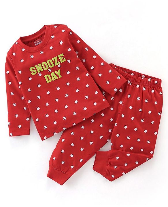 Babyhug Single Jersey Cotton Knit Full Sleeves Night Suit with Text & Stars Print - Red